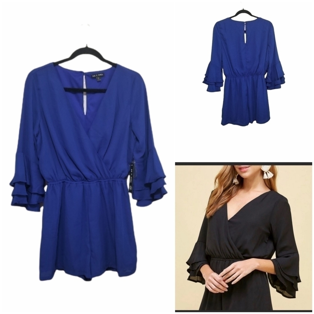 Nwt As U wish navy blue romper with ruffled sleeves low V-neck lined,Size M